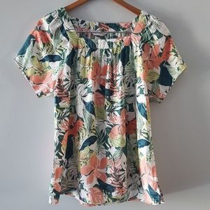 NWT Christopher & Banks Square Neck Pleated Tropical Short Sleeve Blouse Medium